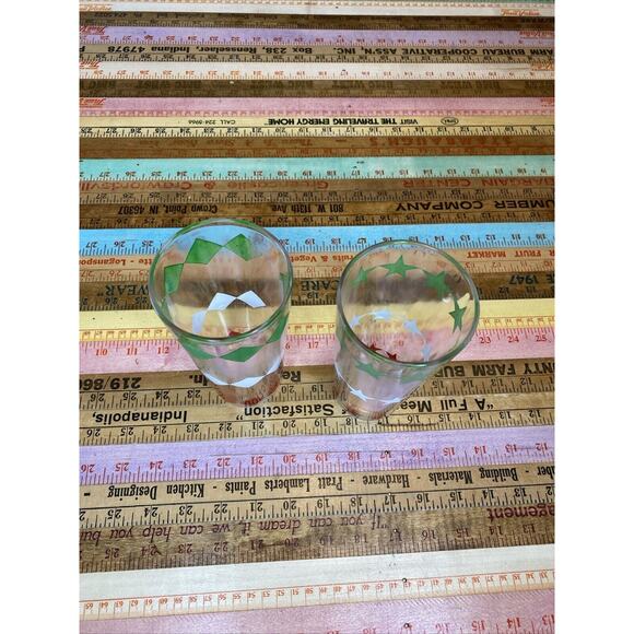 2 Vintage Red Green White Diamond Star Atomic Pattern MCM Tumbler Drinking Glass - Picture 2 of 8